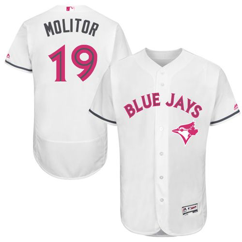 Blue Jays #19 Paul Molitor White Flexbase Authentic Collection Mother's Day Stitched MLB Jersey - Click Image to Close
